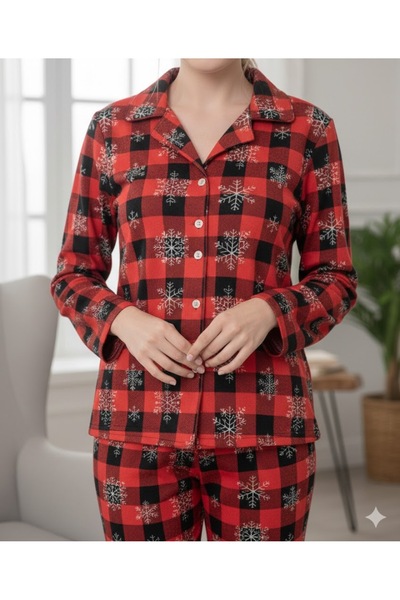 alpotekno Buttoned Christmas-Themed Women's Suede Plaid Red Pajama Set – Soft Fabric, Winter Comfortable Home Wear