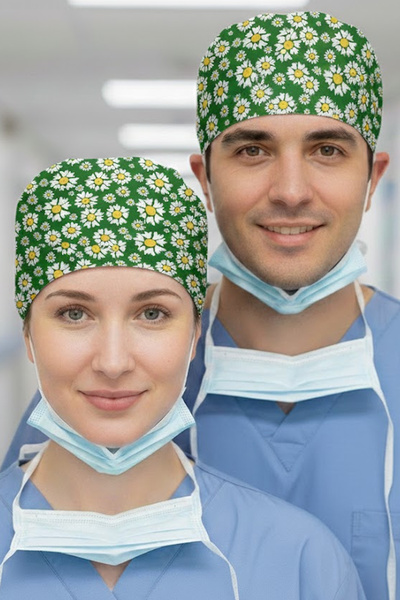 Lion Üniforma Yeşil Papatya Desenli Cerrahi Bone Unisex – Likralı Doktor Hemş...