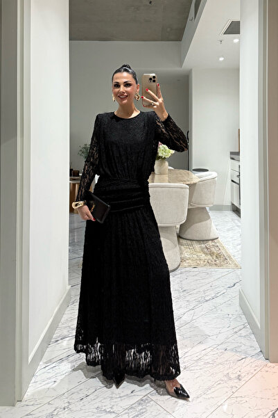 Seda Yalçın Atelier Siyah Güpürli Maxi Tasarım Elbise