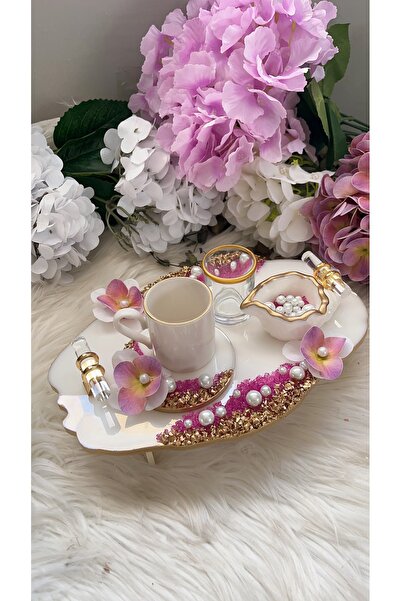 RESİNARTSHOP Epoksi Tepsi Pembe Orkideli Damat Tepsi Seti