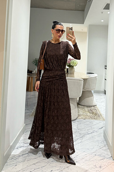 Seda Yalçın Atelier Kahverengi Güpürli Maxi Tasarım Elbise