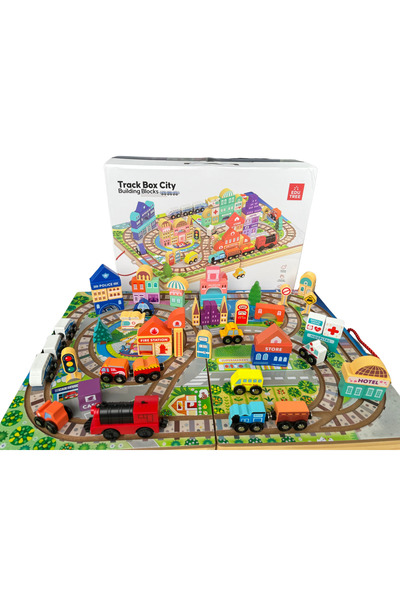 EDUTREE Joc din lemn „Orasul Meu” cu cuburi multicolore, vehicule magnetice si locomotiva electrica