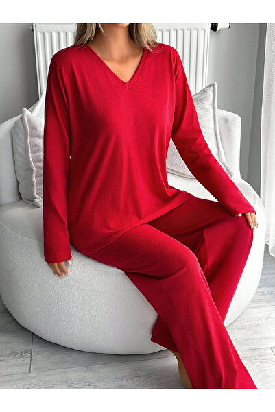 ModaSehle Women's Long Sleeve High Waist V-Neck Red Two-Piece Suit