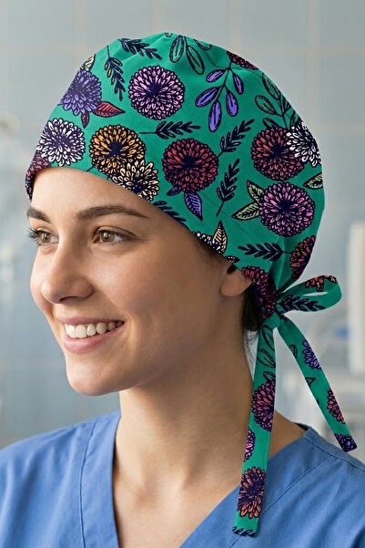 Lion Üniforma Yeşil Kasımpatı Desenli Cerrahi Bone Unisex – Likralı Doktor He...