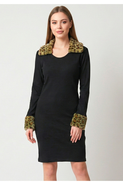 Little Visqon Kürk Leopar Yaka Detaylı Kaşkorse Kumaş Kalem Elbise