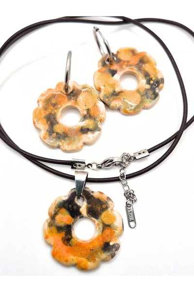 Pialuna Çok Renkli Çiçek, El Yapımı, Tasarım, Seramik Küpe ve Kolye Set