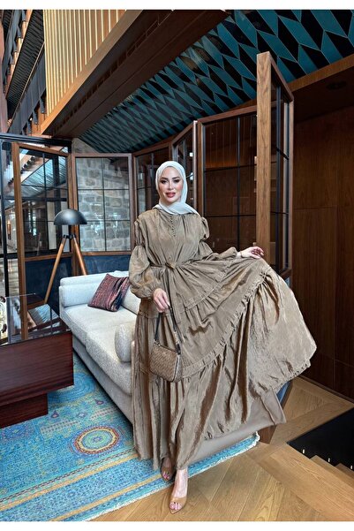 GKBUTİK Kahverengi önü düğmeli fırfırlı elbise