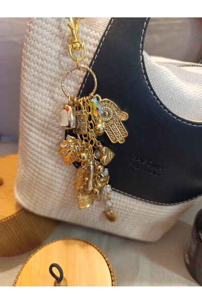 Hippybutik Gold Kutsal El Yaprak Kristal Taş Karma Saçaklı Abiye Çanta charmı...