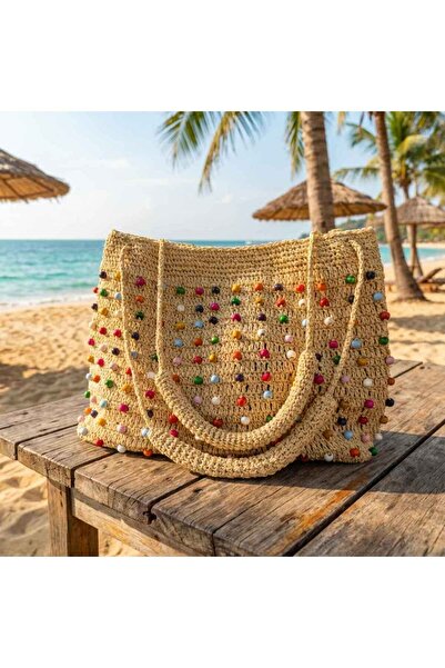 YASMİNEL حقيبة شاطئ وحقيبة يومية مصنوعة من الخيزران المزين بالخرز مقاس XL مع مقبض منسوج من خيوط الورق