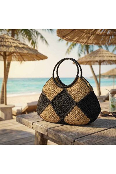 YASMİNEL Black Beige Geometric Bag XL Round Bead Handle Large Size Straw Bag