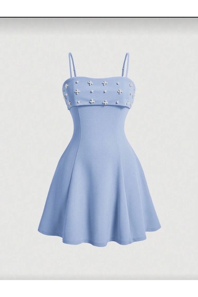 eclatant boutuqie İnci Detaylı Pastel Mavi Askılı Mini Elbise – Zarif, Femine...