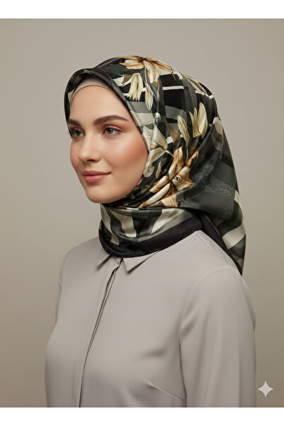 Levidor 90X90 Silk-Look Black - Emerald - Khaki Brown Crystal Scarf – Twill S...