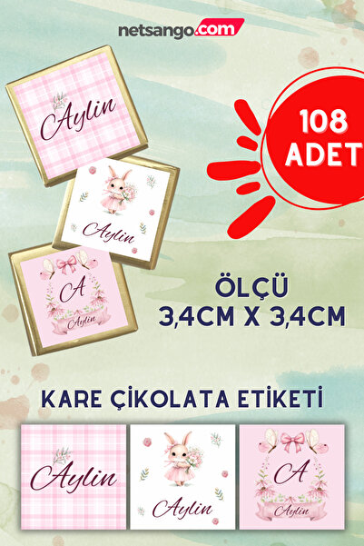 Netsan Etiket Çiçek Tavşan Desen İsme Özel Kare Madlen Çikolata Etiketi 108 A...
