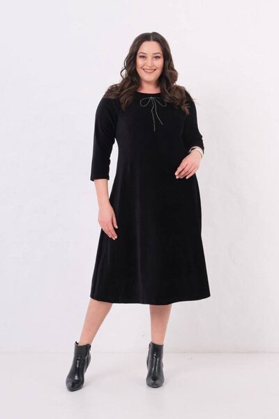Truva XXL Plus Size Corded Fabric Combed Cotton Velvet Midi Dress Black Stretch Fabric Stylish and Comfortable