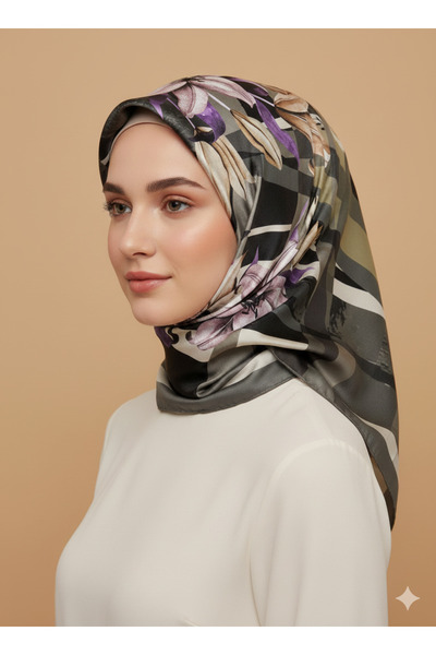 Levidor 90X90 Silk-Look Black - Plum - Khaki Crystal Scarf – Non-Slip Twill S...