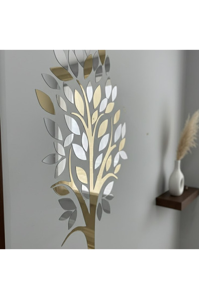 pleksisanati Çift Renk Aynalı Ağaç Duvar Dekoru 100X50 Gümüş-Altın