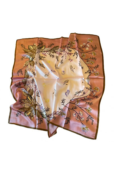OMG Esarfa de matase naturala, 90 x 90 cm, roz, model floral
