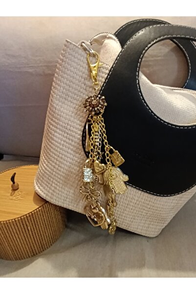 Hippybutik Gold Karma Kristal Yaprak Metal Ünite Bezeli Abiye Çanta Charmı Ak...