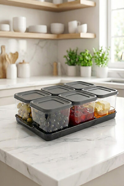 EVONİTA 6-Compartment Breakfast Storage Container with Lid and Tray Kitchen O...