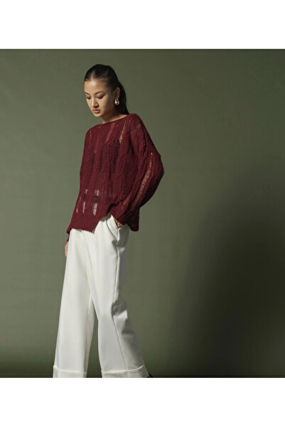 esilamoda Kadın Bordo Saç Örgülü Kazak