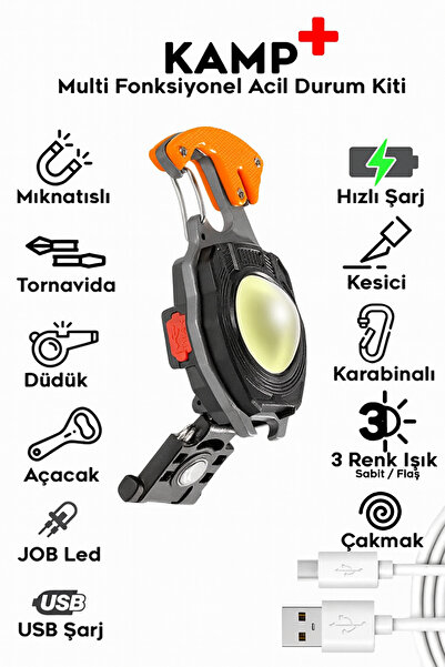 qasul Kamp Feneri Çok Fonksiyonlu Fener Anahtarlık Usb Çakmaklı Cam Kırıcı Ke...