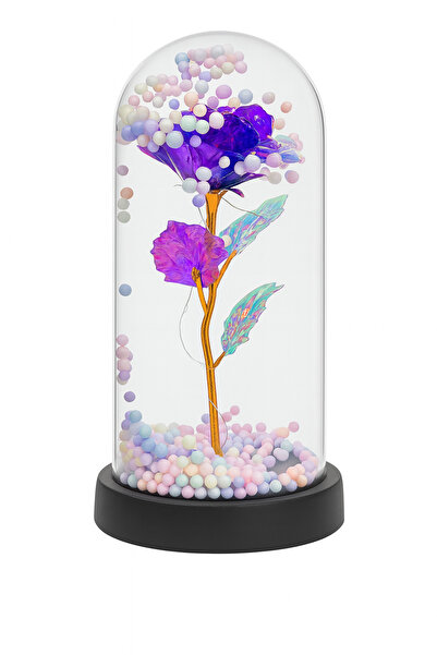 OEM Cupolă decorativă cu trandafir acrilic violet, bile pastelate și lumini LED, 22x11 cm