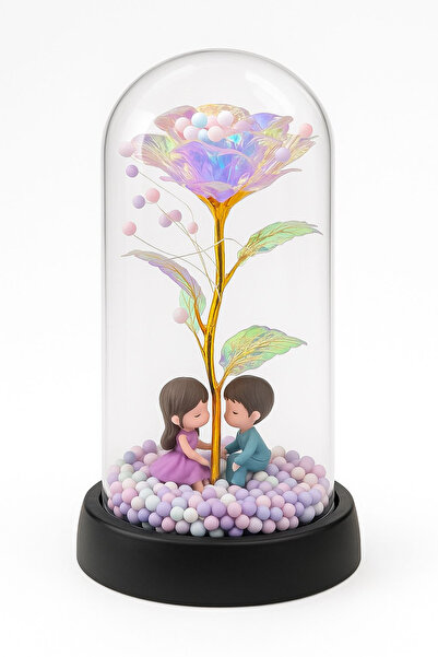 OEM Eternal Iridescent Rose in Plastic Dome 20 cm LED Lights – Lovers Figurines Batteries Included