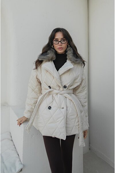 Havoş Stone Color Evigan Detachable Fur Quilted Coat