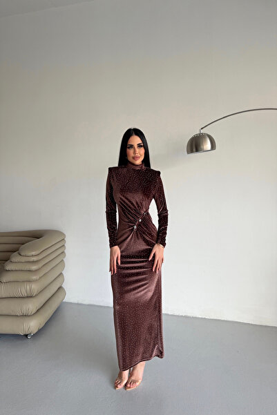 LİLA İSTANBUL Turtleneck Draped Special Design Brown Velvet Dress