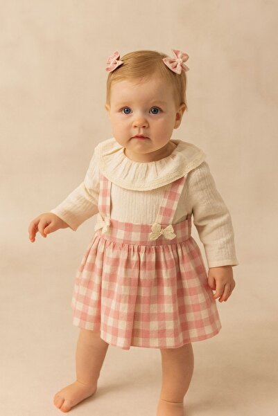 MixMax Bebe فستان بناتي بأكمام طويلة وربطة عنق بمشبكين من القماش المربعات مصن...