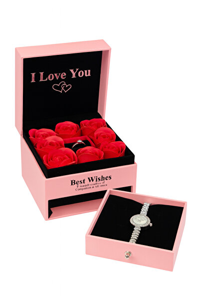 BaoBao Luxury Pink Gift Set with 8 Soap Roses, Adjustable Ring and Watch in Premium Box