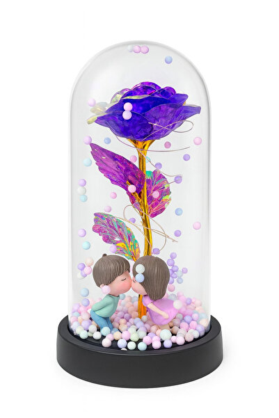 OEM Eternal Purple Rose in Plastic Dome 20 cm LED Lights – Lovers Figurines Batteries Included Gift Box