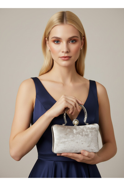 Wedding Fashion Beige Silver Metal Handle Detailed Luxury Wavy Velvet Women's...