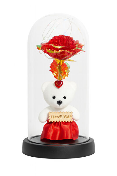 OEM Dome 22x11cm with Elegant Red Teddy Bear and Multicolor LED Rose – Romantic Gift