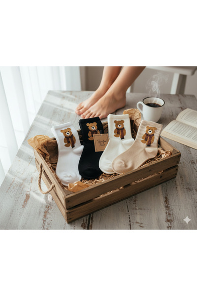 MHT Cute Teddy Bear Patterned Winter Socks Set of 4 Colorful Plush Furry Cute...