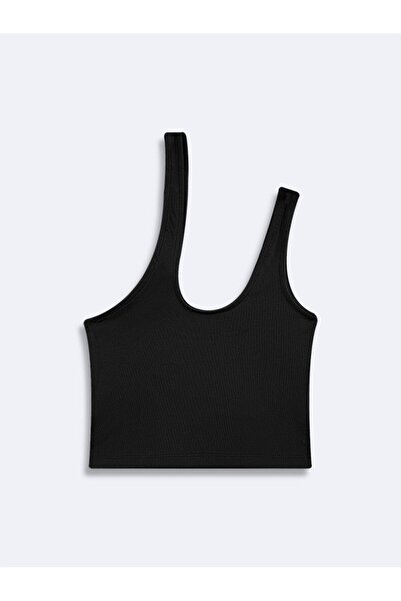Ltb One Shoulder Asymmetrical U Neck Crop Black Tank Top