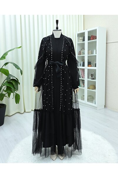 COjans Taş Ve İnci Detaylı Kemerli İkili Tül Abaya Takım -Siyah