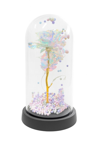 OEM Decorative dome with iridescent acrylic rose, pastel balls and LED lights, 22x11 cm