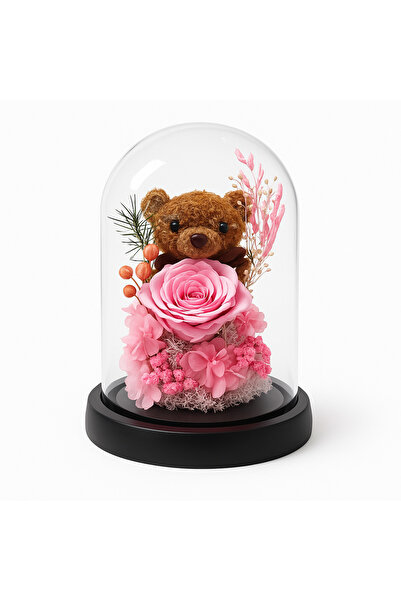 OEM Dome with Pink Cryogenic Rose and Decorative Teddy Bear 19x11 cm Premium Gift