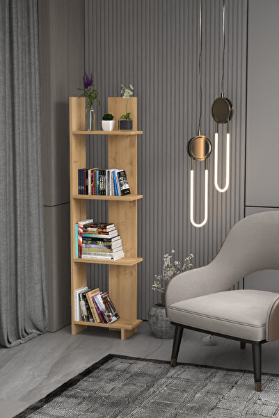 PDMPOİNT DOLAP MARKET Köşe Kitaplık 4 Raflı - Safir Meşe