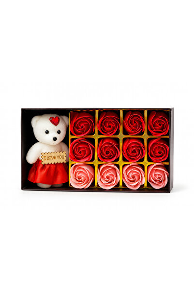 OEM Luxury Gift Set I Love You Teddy Bear with 12 Soap Roses, Elegant Box, 22x11x5 cm