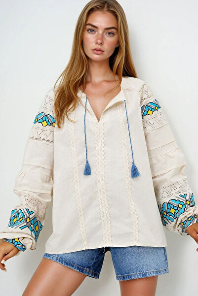 bacc Women's Beige Crew Neck Fishtail and Embroidered Balloon Sleeve Raw Linen Blouse Bchesq-251078