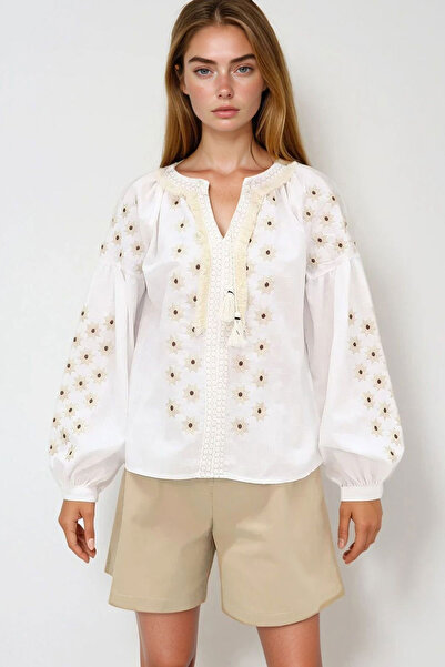 bacc Bluză de damă din bumbac brodat cu detaliu cu ciucuri ecru BCHESQ-251089