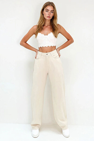 bacc Women's Beige High Waist Five Pocket Wide Leg Summer Gabardine Pants Bch...