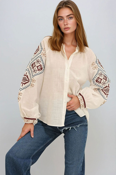 bacc Women's White Balloon Sleeve Embroidered Collarless Shirt Bchesq-251029