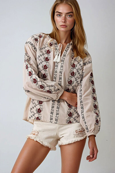 bacc Bluză pentru femei, bej, cu decolteu cu fante, brodată complet, țesută B...