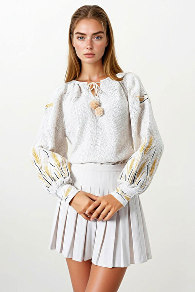 bacc Women's Beige Spike Embroidered Lace-Up Tassel Detailed Bohemian Blouse ...