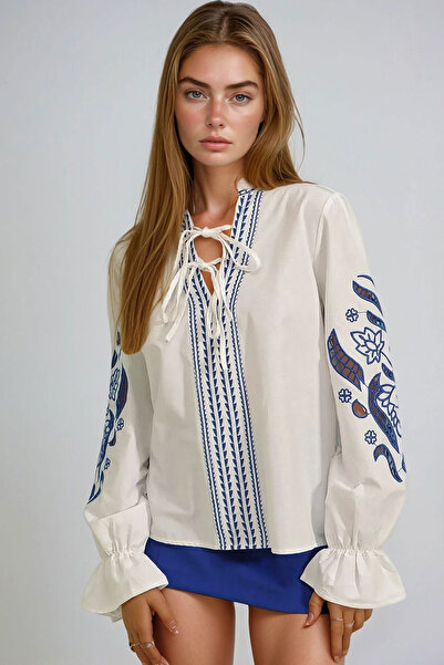 bacc Bluză pentru femei, albă, brodată, cu mâneci cu șireturi în față, cu laser K croială din poplin țesut BCHESQ-251101