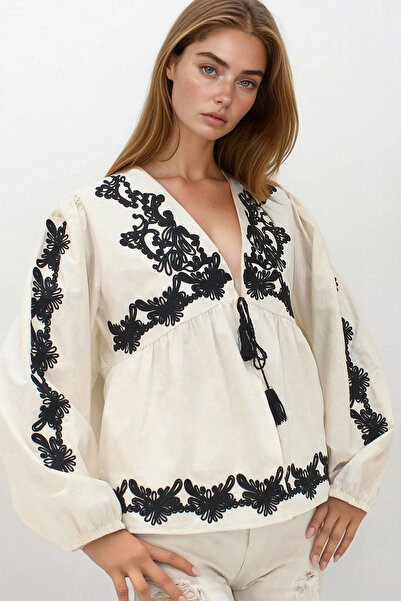 bacc Women's Beige Embroidered Raw Linen Jacket with Tie Detail Bchesq-251142