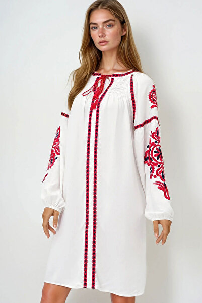 bacc Women's White Balloon Sleeve Embroidered Summer Midi Dress Bchesq-251083